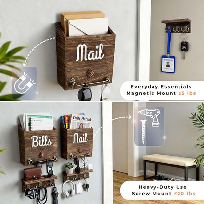 eBun Narrow Wood Mail Holder 2-Pack with 12 Key Hooks | Wall Mount, No-Drill Magnetic, Vertical Mail & Bills Slot, Entryway Decor