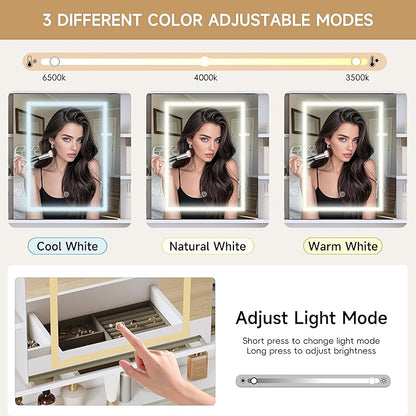 Vanity Desk with Mirror and Lights, White Vanity with Lighted Mirror and RGB Cabinet & Jewelry Organizers, Makeup Vanity Desk with Lights, Glass Top Dressing Table for Girls Bedroom