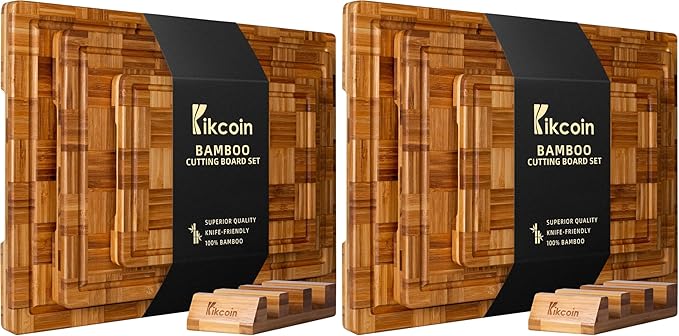 Kikcoin Extra Large Bamboo Cutting Boards, (Set of 3) Chopping Boards with Juice Groove Bamboo Wood Cutting Board Set Butcher Block for Kitchen, End Grain Serving Tray (Pack of 2)