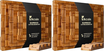 Kikcoin Extra Large Bamboo Cutting Boards, (Set of 3) Chopping Boards with Juice Groove Bamboo Wood Cutting Board Set Butcher Block for Kitchen, End Grain Serving Tray (Pack of 2)