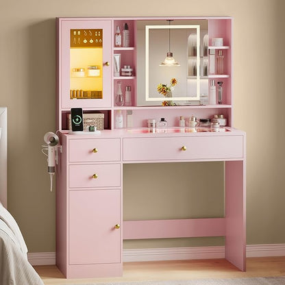 Vanity Desk with Mirror and Lights, Pink Vanity with Lighted Mirror and RGB Cabinet & Jewelry Organizers, Makeup Vanity Desk with Lights, Glass Top Dressing Table for Girls Bedroom