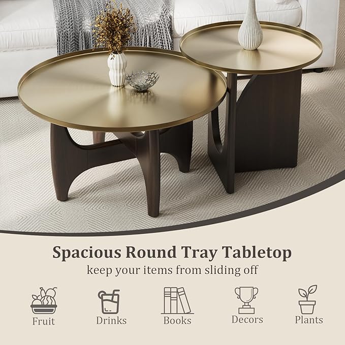 ACEDÉCOR Wood Living Room Table Set, Round Coffee Table Set with1 End Table, 2 Piece Living Room Set with Walnut Geometric Legs and Brushed Gold Tray Top, Easy to Clean