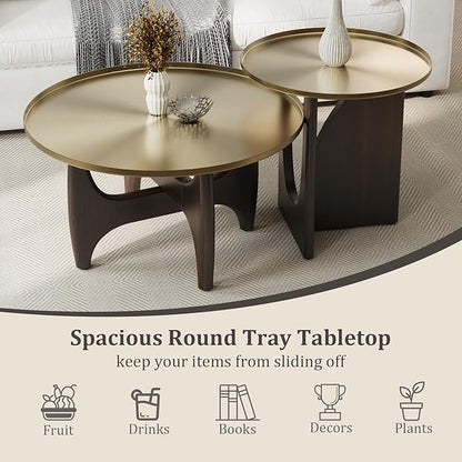 ACEDÉCOR Coffee Table and End Table Sets, Round Center Table Set with 2 Side Tables, Solid Wood Coffee Table Set, 3 Piece Living Room Table Set for Apartment Home