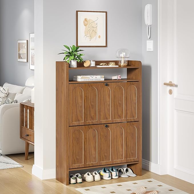 Shoe Storage Cabinet for Entryway with 2 Flip Drawers, Narrow Shoe Cabinet with Open Storage for Entryway