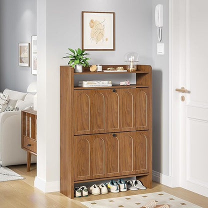 Shoe Storage Cabinet for Entryway with 2 Flip Drawers, Narrow Shoe Cabinet with Open Storage for Entryway