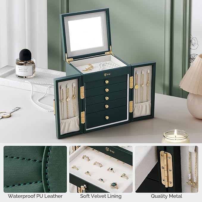 Jewelry Box for Women, 6-Tier Large Jewelry Organizer Box with Mirror, 5 Drawers for Rings Earrings Necklace Bracelets, Exquisite Metal Handle, Dark Green