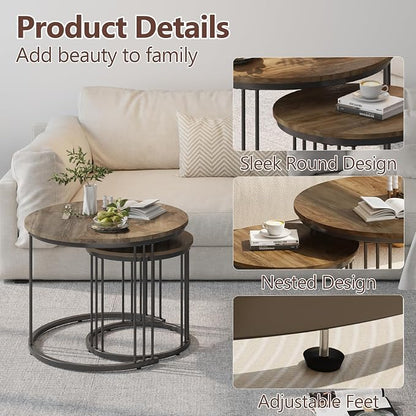 Garden 4 you Nesting Coffee Table, 23.6" Round Coffee Table Set of 2, Wooden Nesting Table with Metal Frame, Ceter Tables for Living Room Bedroom Balcony, Brown
