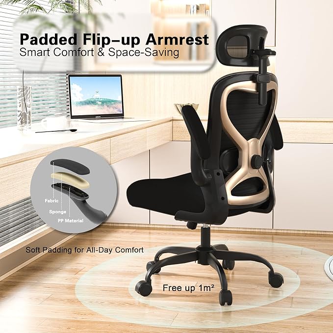 Ergonomic Office Chair, Mesh Desk Chair with Headrest, Lumbar Support, Thick Seat Cushion, Flip-up Arms, High Back Computer Task Chairs for Home Office (English, Black/Gold)