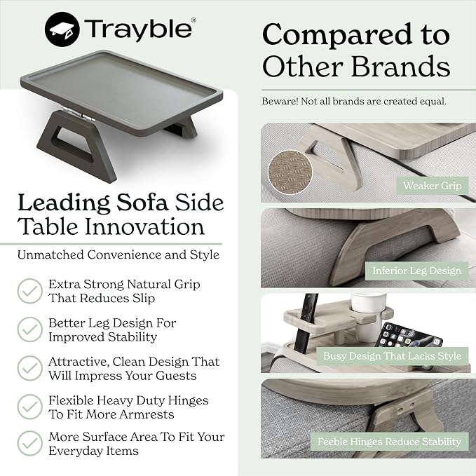 Shamrock Home Bamboo Trayble Couch Arm Table, Clip On Tray Sofa Table for Couches. Sofa Arm Tray, Armchair Table for TV Dinners, Remotes, Drinks and Snacks - 13.75 x 9.5inch, Grey