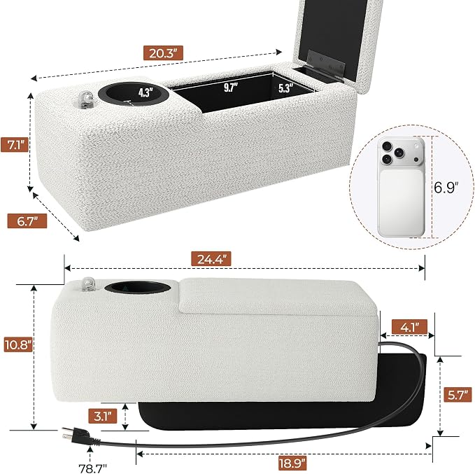 Couch Caddy with Cup Holder Multifunctional Couch Armrest Charging Console Phone Holder Sofa Arm Rest 20.3'' Removable White Chenille Sofa Organizer Remote Snack Storage for Livingroom Couches