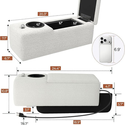 Couch Caddy with Cup Holder Multifunctional Couch Armrest Charging Console Phone Holder Sofa Arm Rest 20.3'' Removable White Chenille Sofa Organizer Remote Snack Storage for Livingroom Couches