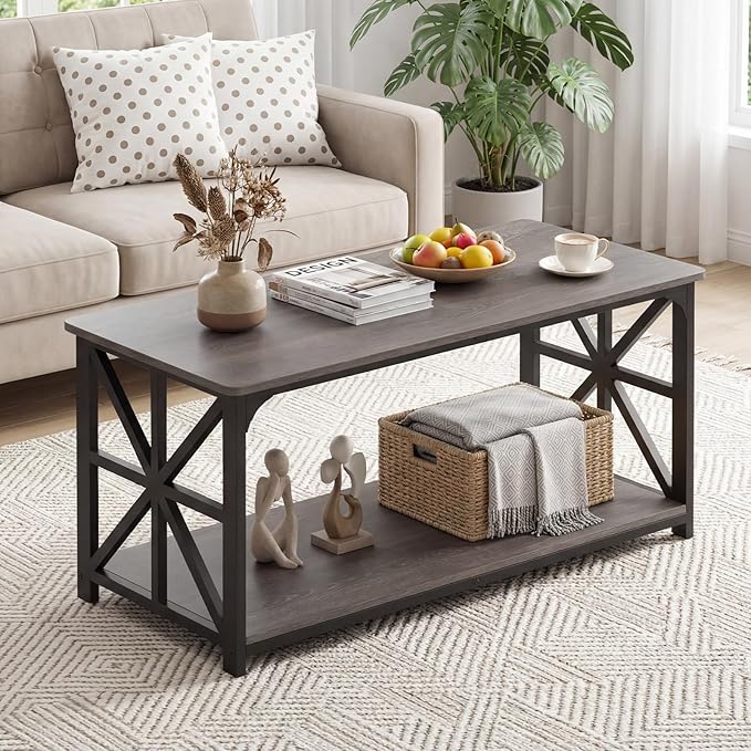 Giantex Farmhouse Coffee Table, 43" Center Table with Storage & X-Shaped Frames, 2-Tier Modern Accent Cocktail Tea Table, Rectangular Wooden Living Room Tables for Small Spaces, Grey Oak