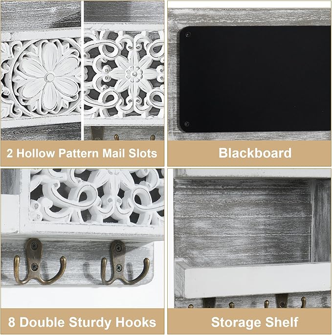 Mail Organizer Wall Mounted, 2 Slots Key Holder for Wall with 8 Hooks, Rustic Wood Key Rack with Shelf for Entryway Hallwall Farmhouse
