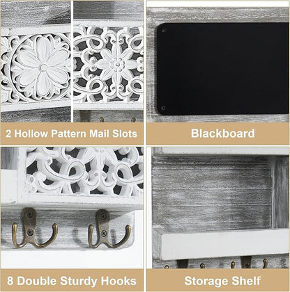 Mail Organizer Wall Mounted, 2 Slots Key Holder for Wall with 8 Hooks, Rustic Wood Key Rack with Shelf for Entryway Hallwall Farmhouse