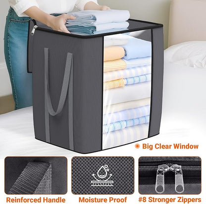 TasticTotes 120L Extra Large Clothes Storage Bags, Foldable Blanket Storage and Organization, Thick Fabric Containers with Reinforced Handles & Zippers for Clothing, Comforters, Bedding, Gray, 6 Pack