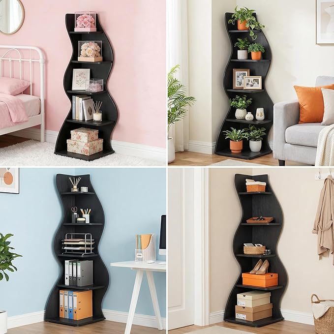 Arvolia 70 Inch Corner Shelf Stylish Design,Modern 5-Tier Wall Corner Bookshelf,Stylish Corner Small Bookcase Storage Rack Plant Stand with Unique Shape for Home Office (Black)