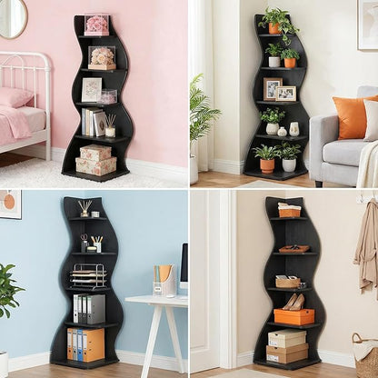 Arvolia 70 Inch Corner Shelf Stylish Design,Modern 5-Tier Wall Corner Bookshelf,Stylish Corner Small Bookcase Storage Rack Plant Stand with Unique Shape for Home Office (Black)