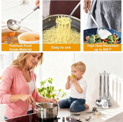 Gymdin Stainless Steel Kitchen Cooking Utensils Set of 7 - Kitchen Utensils with Hanging Rack, Spatula, Slotted Turner, Soup Ladle, Slotted Spoon, Whisk, Pasta Server, Holder, Dishwasher Safe