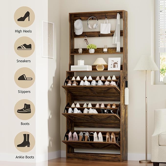 EOYUTLLY Shoe Cabinet Storage for Entryway, Narrow Shoe Rack Cabinet with 3 Flip Drawers & Coat Rack, Hidden Shoe Storage Cabinet, 2-in-1 Hall Tree Slim Freestanding Shoe Rack Organizer, Rustic Brown