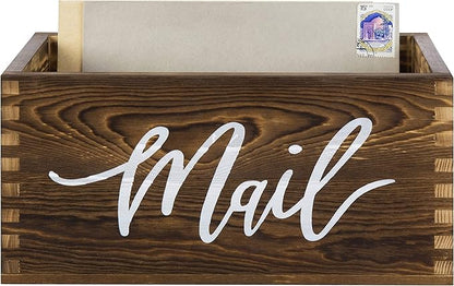 MyGift Mail Holder Storage Organizer Box Rustic Brown Wood with MAIL Script Design, Desktop Letters, Bills, Notes and Postcard Bin for Home Office Dorm Room