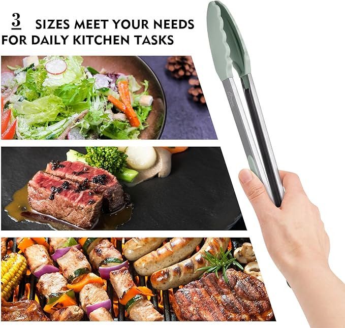 HOTEC Premium Stainless Steel Locking Kitchen Tongs with Silicon Tips, Set of 3-7", 9" and 12" (Light Green)
