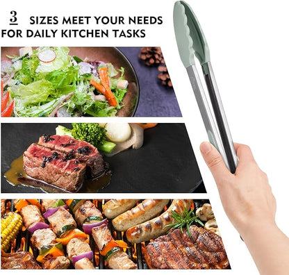 HOTEC Premium Stainless Steel Locking Kitchen Tongs with Silicon Tips, Set of 3-7", 9" and 12" (Light Green)