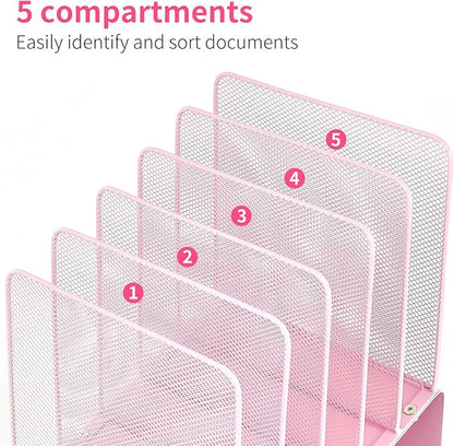 File Organizer for Desk, Desk Organizer with 5-Section Vertical File Rack, Folder Organizer,Workspace Organizers (Pink)