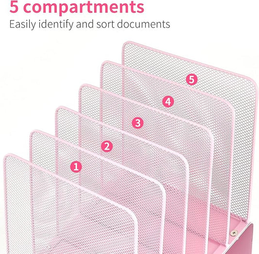 LEKETREE File Organizer for Desk, Desk Organizer with 5-Section Vertical File Rack, Folder Organizer,Workspace Organizers (Pink)