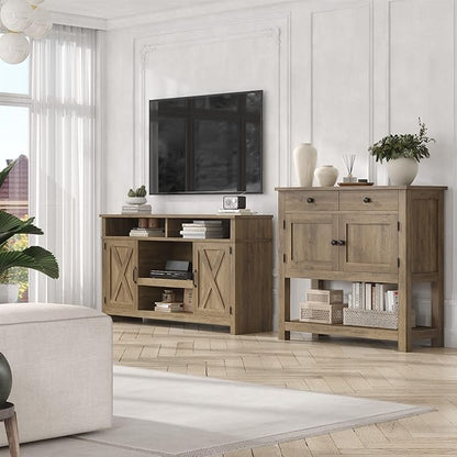 HOSTACK Farmhouse Console Table with 2-Door Cabinet & 2 Drawers, Coffee Bar, Entryway Table with Storage Shelf, Sofa Tables Buffet Sideboard for Kitchen, Hallway, Dining, Living Room, Rustic Brown