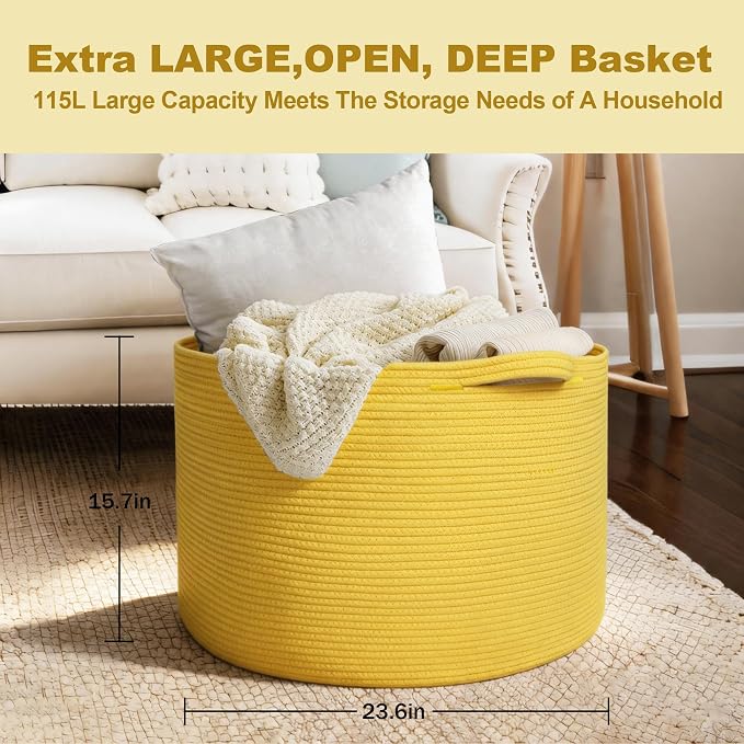 MEGASKET Extra Large 115L Yellow Basket, 23.6" x15.7 Cotton Rope Yellow Decor for Living Room Bedroom, Woven Basket for Blanket, Laundry, Towel, Shoe, Kids Toy Box Organizer, Room Decor Storage Bin
