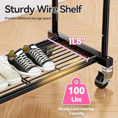 SUFAUY Double Rod 80" Tall Rolling Clothing Garment Rack for Hanging Dresses Clothes, with Caseter Wheels & Adjustable Rod & Shelves, Black