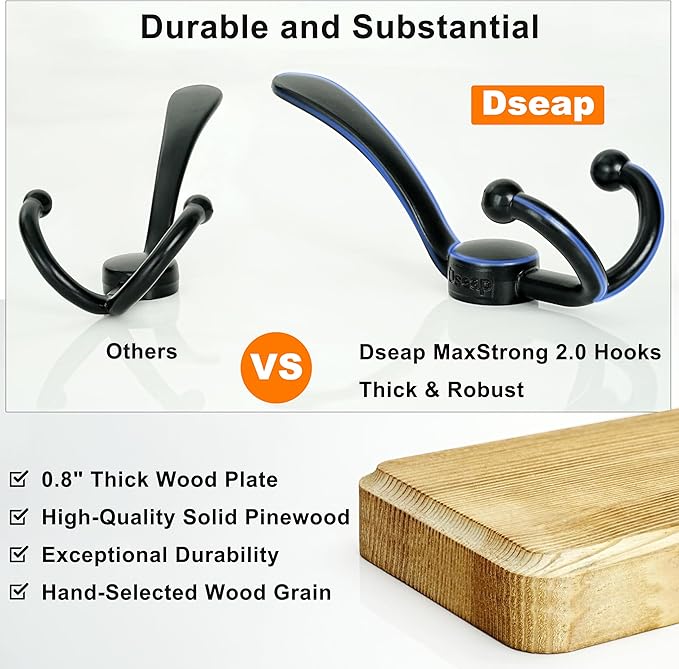 Dseap Coat Rack Wall Mounted - 5 Tri Hooks, Heavy Duty, Wooden Wall Coat Hanger Coat Hook for Clothes Hat Jacket Clothing, Black, Pack of 2