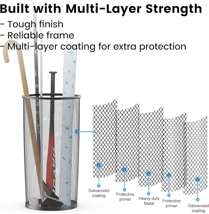 19.5" H Mesh Umbrella Stand - Ventilated Mesh Umbrella Holder for Entryway - Extra Capacity Storage for Umbrellas Canes & More - Freestanding Indoor Organizer 10.4" L x 10.4" W x 19.5" H - 4P Black