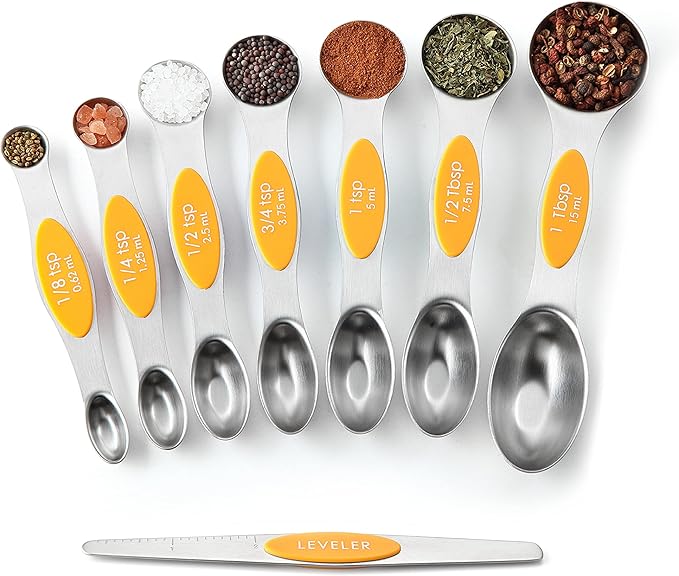 Spring Chef Stainless Steel Magnetic Measuring Spoons Set of 8 with Leveler, Dual Sided Metal Teaspoon & Tablespoon Measuring Spoons, Kitchen Gadgets for Baking & Cooking, Fits in Spice Jars - Mango