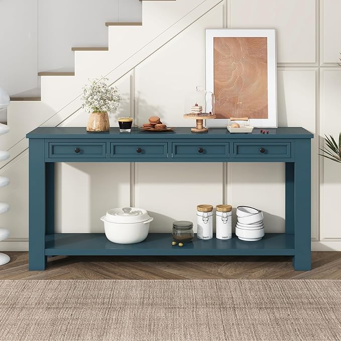 LKTART Solid Wood Console Table,63 in Long Sofa Table Entryway Table with 4 Drawers and Bottom Shelf for Hallway Living Room Couch Table,Easy Assembled (63" Dark Blue)