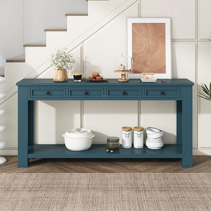LKTART Solid Wood Console Table,63 in Long Sofa Table Entryway Table with 4 Drawers and Bottom Shelf for Hallway Living Room Couch Table,Easy Assembled (63" Dark Blue)