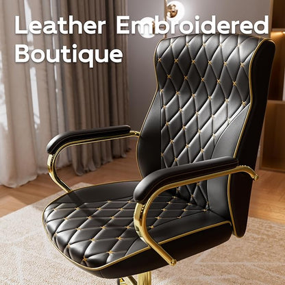 Black and Gold Office Chair with Soft Leather Embroidery, Mid Back Vintage Swivel Executive Desk Chair with Wheels and Padded Arms, Adjustable Height