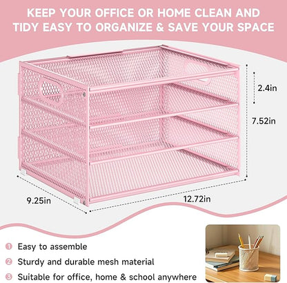 Subekyu Paper Letter Tray Organizer for Desk, Pink Metal Mesh Desk File Sorter Organizer with Handle and 2 Sliding Trays for Home Office School Supplies Organization