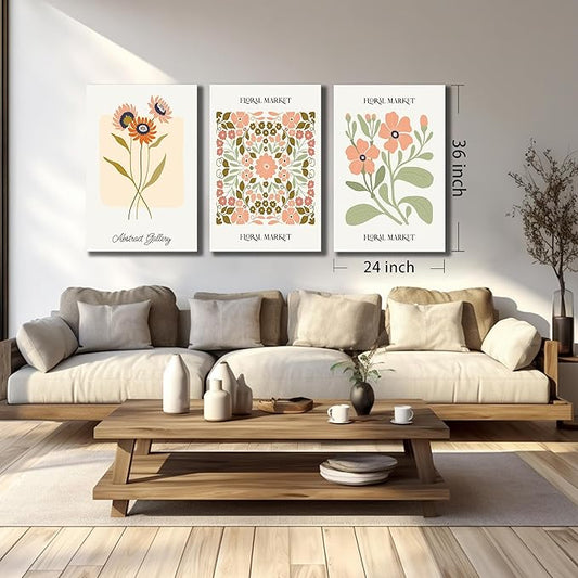 SKYRISE 3 PCS Boho Floral Canvas Wall Art, Rustic Botanical Canvas Paintings Prints ArtWork for Living Room, Vintage Flower Pictures for Farmhouse Dining Room Hallway Bedroom Wall Decor 24"x36"