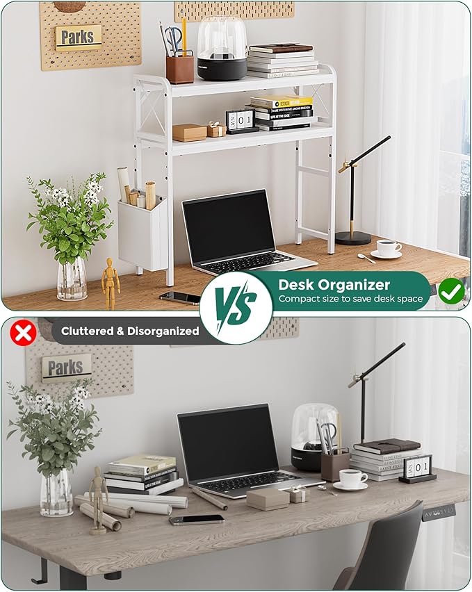 Desktop Shelves, Monitor Stand with Adjustable Shelves and Side Pockets, 2-Tier Desktop Bookshelf Organizer, Large Capacity Display Shelf Rack, Desk Hutch for Home Office, Study Room, White
