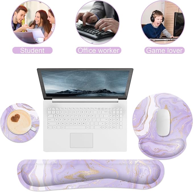 Ergonomic Mouse Pad with Wrist Rest and Keyboard Wrist Rest, Memory Foam Wrist Rest for Computer Keyboard, Easy Typing, Pain Relief, Mouse Pad Wrist Support for Gaming,Office, Laptop, Purple Marble