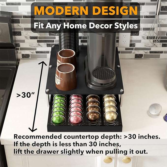 SpaceAid Bamboo Coffee Pod Holder Drawer Storage Compatible with Nespresso Vertuo Capsules, Coffee Station Accessories Holder Organizer Tray Compatible with 40 Big or 56 Small Pods, Black