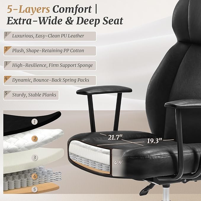 High Back Office Desk Chair, Breathable Ergonomic Leather Chair with 5-Layer Seat Cushion with 135°Reclining Lumbar Support Adjustable Height Rolling Swivel Executive Armrests Chair, Black