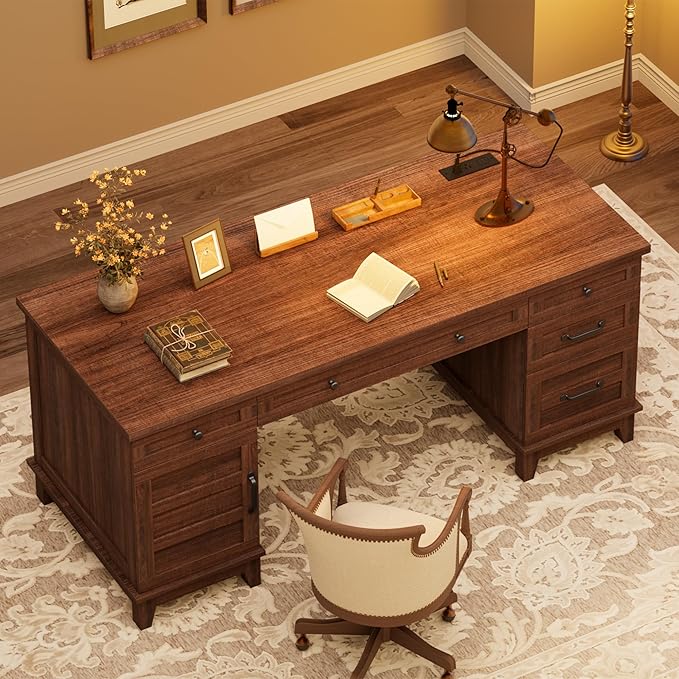 60" Executive Desk with Power Outlet, Home Office Desk with Drawers, Wooden Work Desk with File Cabinet, Computer Desk for Work, Study, Writing, Brown