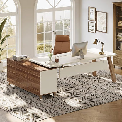 Tribesigns 78.7" L-Shaped Executive Desk, Modern Office Desk with File Drawers & Storage Shelves, Large Computer Desk with 55-Inch Cabinet, Business Workstation for Home Office, White & Walnut