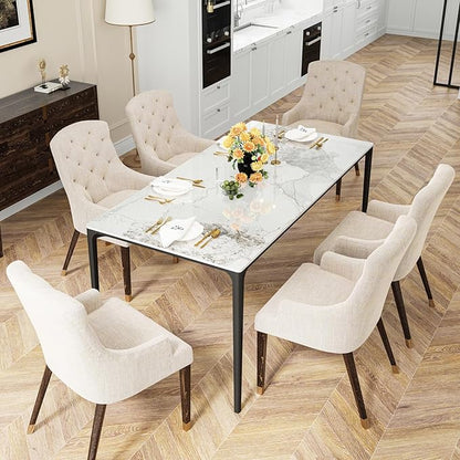 Dining Table, Sintered Stone Kitchen Table, 63'' White Modern Rectangular Slate Patio Table with Metal Legs, Indoor Outdoor Stone Dining Table for Patio, Backyard, Scratch and Heat Resistant