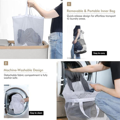 DOKEHOM 160L Extra Large Laundry Hamper with Lid, 2-Section Double Laundry Basket with Removable Mesh Liner Bags, Collapsible Clothes Sorter for Family, Bedroom, Laundry Room, Light Grey