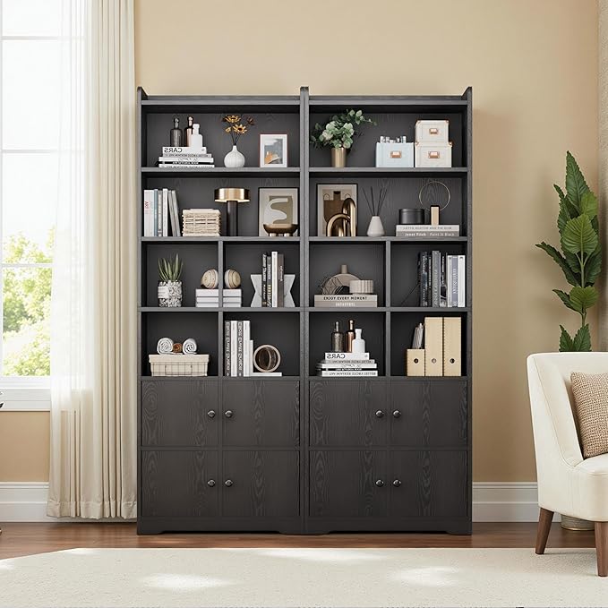 IRONCK Bookshelves and Bookcases with 4 Doors, 6-Tier Bookshelf with Storage Shelves 74.6 in Tall Bookcase for Home Office, Living Room, Bedroom, Black