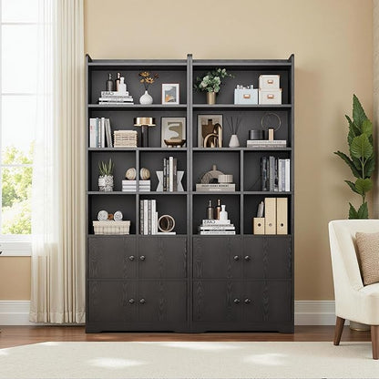 IRONCK Bookshelves and Bookcases with 4 Doors, 6-Tier Bookshelf with Storage Shelves 74.6 in Tall Bookcase for Home Office, Living Room, Bedroom, Black