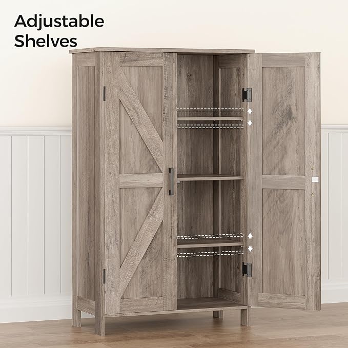 Homleke Farmhouse Bathroom Cabinet with Adjustable Shelves, Free-Standing Storage Cabinet with Barn Doors, for Kitchen, Living Room, Dining Room, Entryway, Greige